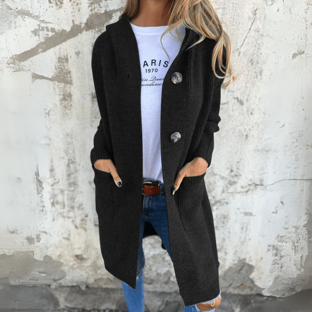 Drune | Eleganter langer schwarzer Cardigan für Damen Charlotte Kollektion