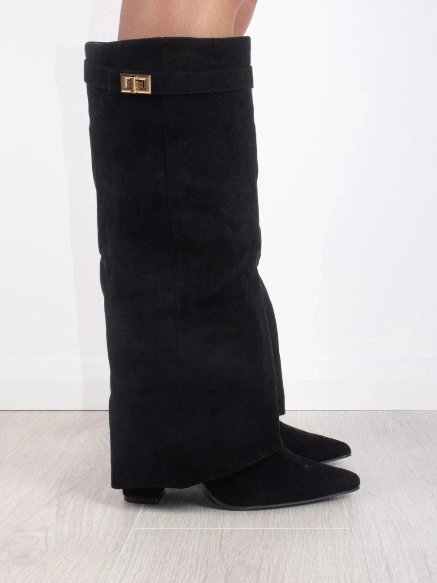 Drune | Elegante Damen schwarze Wildleder kniehohe Stiefel mit goldenen Akzenten – Stilvolles und bequemes Schuhwerk
