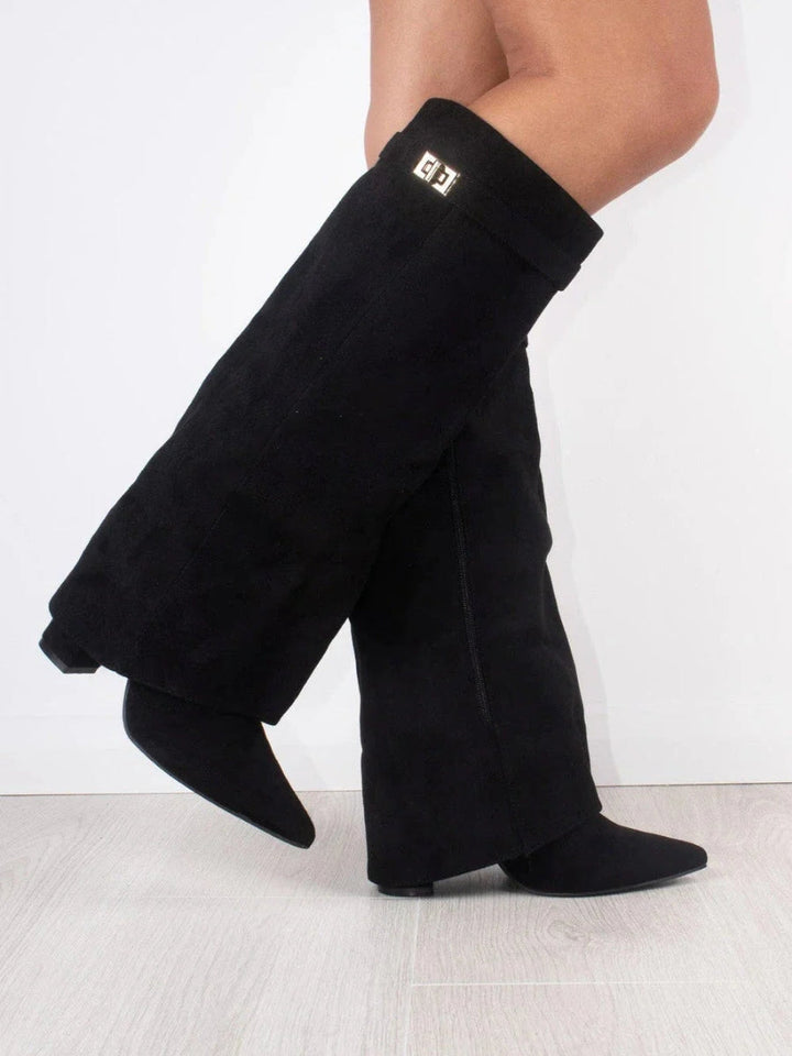 Drune | Elegante Damen schwarze Wildleder kniehohe Stiefel mit goldenen Akzenten – Stilvolles und bequemes Schuhwerk