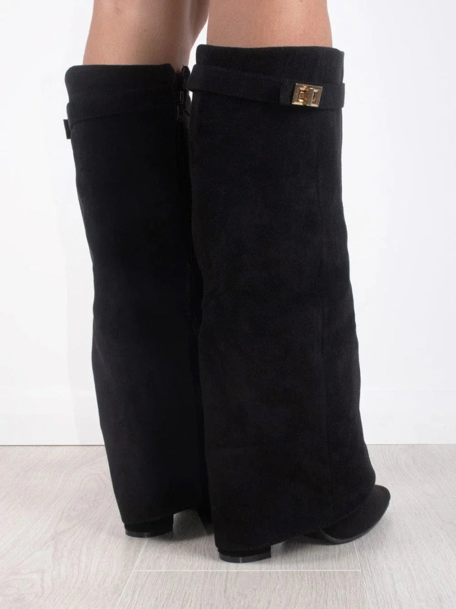Drune | Elegante Damen schwarze Wildleder kniehohe Stiefel mit goldenen Akzenten – Stilvolles und bequemes Schuhwerk