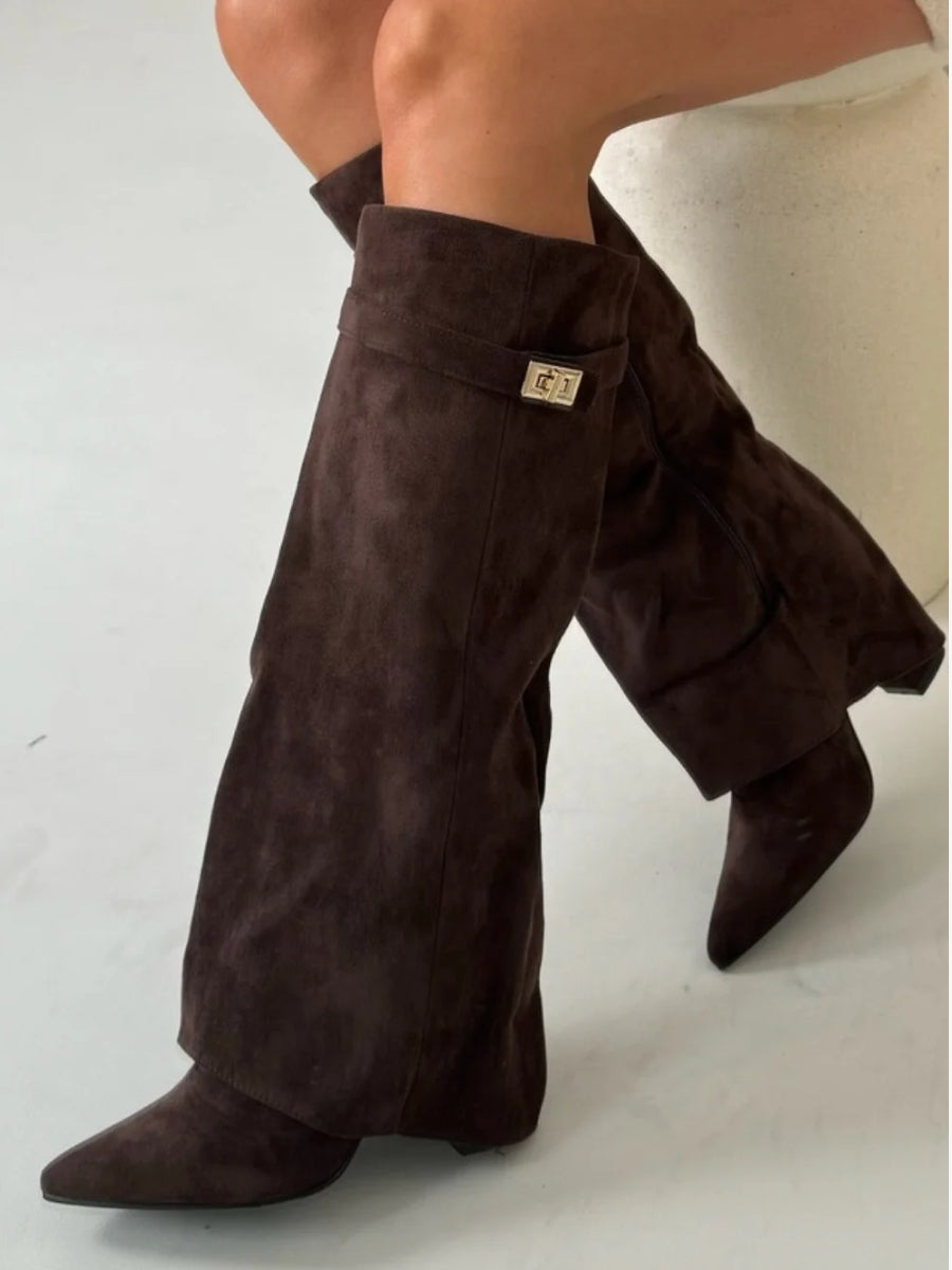 Drune | Elegante Damen schwarze Wildleder kniehohe Stiefel mit goldenen Akzenten – Stilvolles und bequemes Schuhwerk