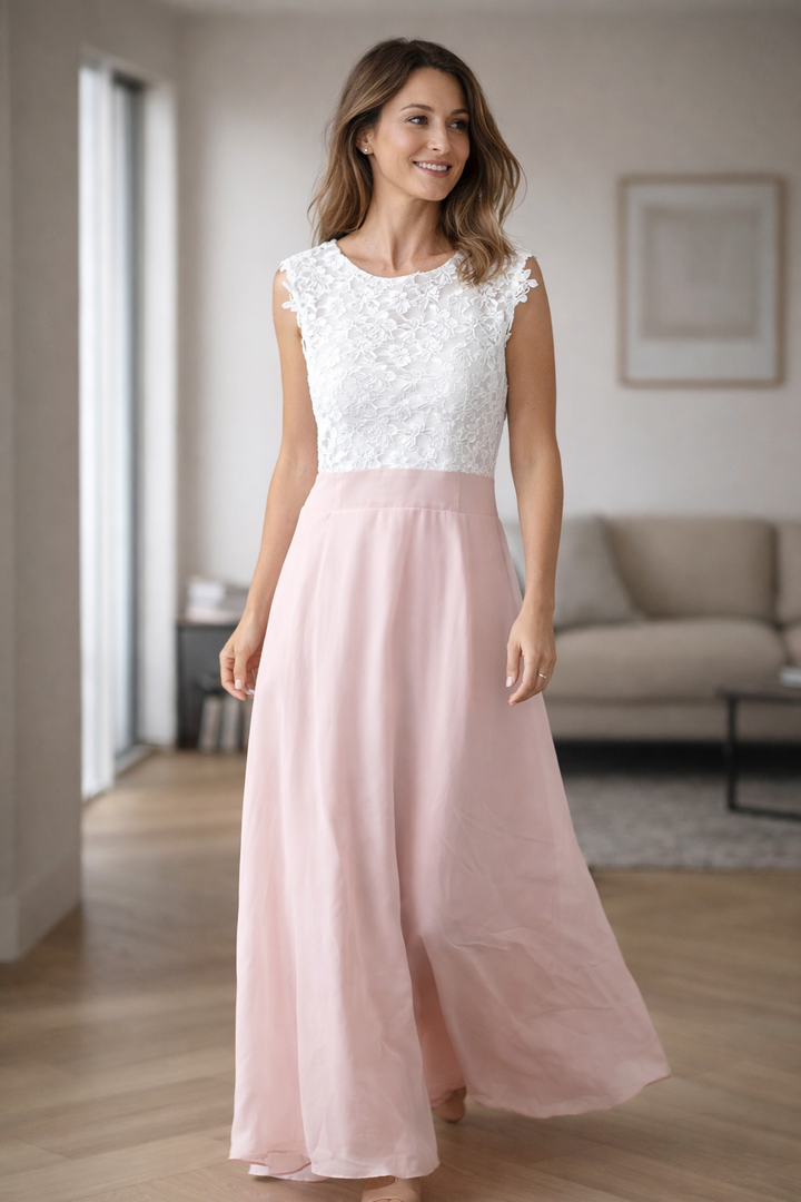 Drune langes chiffon kleid mit spitze ärmellos elegant