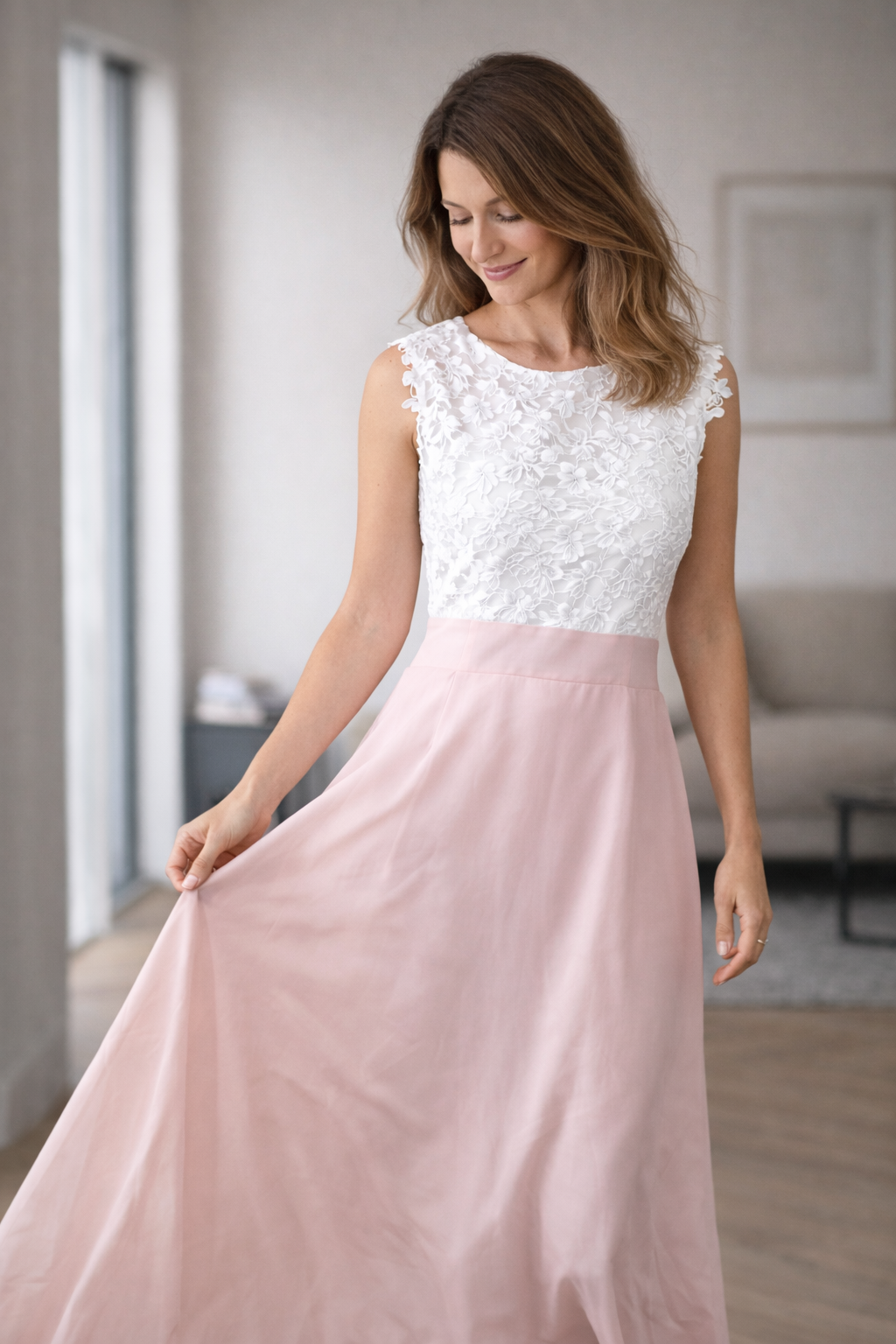 Drune langes chiffon kleid mit spitze ärmellos elegant