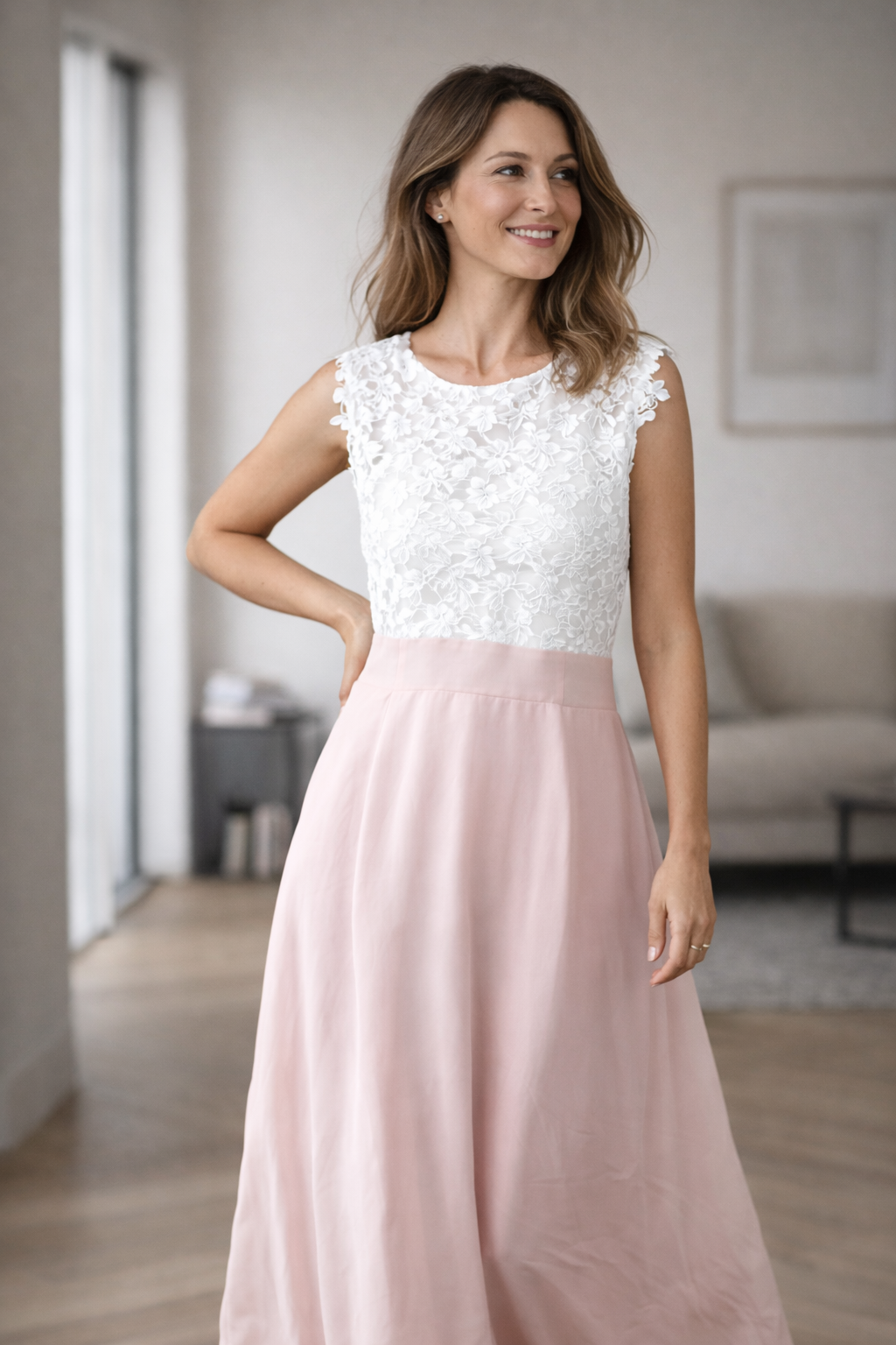 Drune langes chiffon kleid mit spitze ärmellos elegant