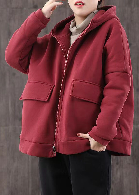Drune | lässige Winterjacke Patchwork Mäntel rot kurz mit Kapuze Übermantel