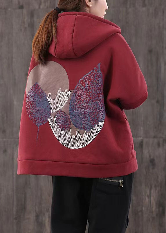 Drune | lässige Winterjacke Patchwork Mäntel rot kurz mit Kapuze Übermantel