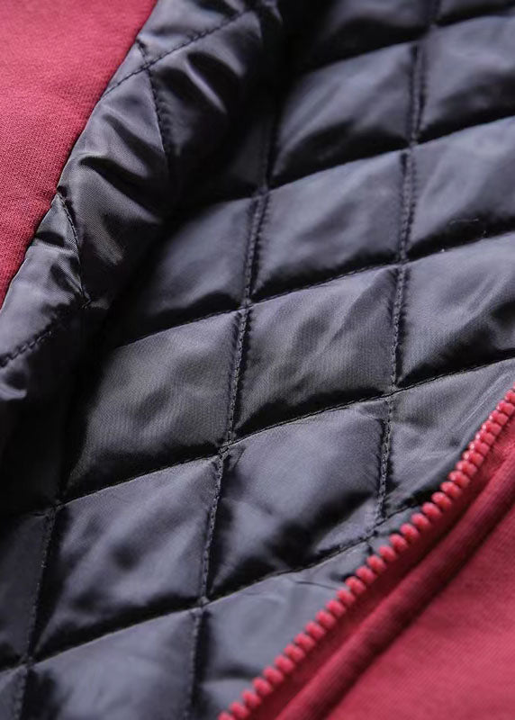 Drune | lässige Winterjacke Patchwork Mäntel rot kurz mit Kapuze Übermantel