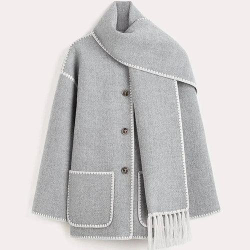 Drune | Damen Woll Schaljacke mit integrierter Schal und Kontrastnähten