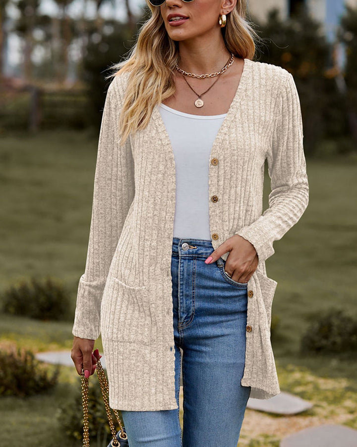 Drune | Damen Lange Gestrickte Strickjacke mit Knöpfen