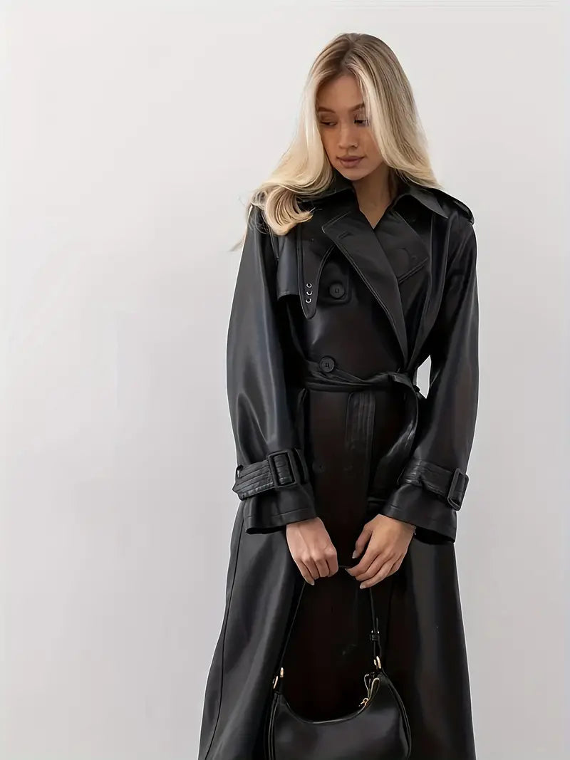 Drune | Leder Trenchcoat Damen - Langer Trenchcoat Schwarz