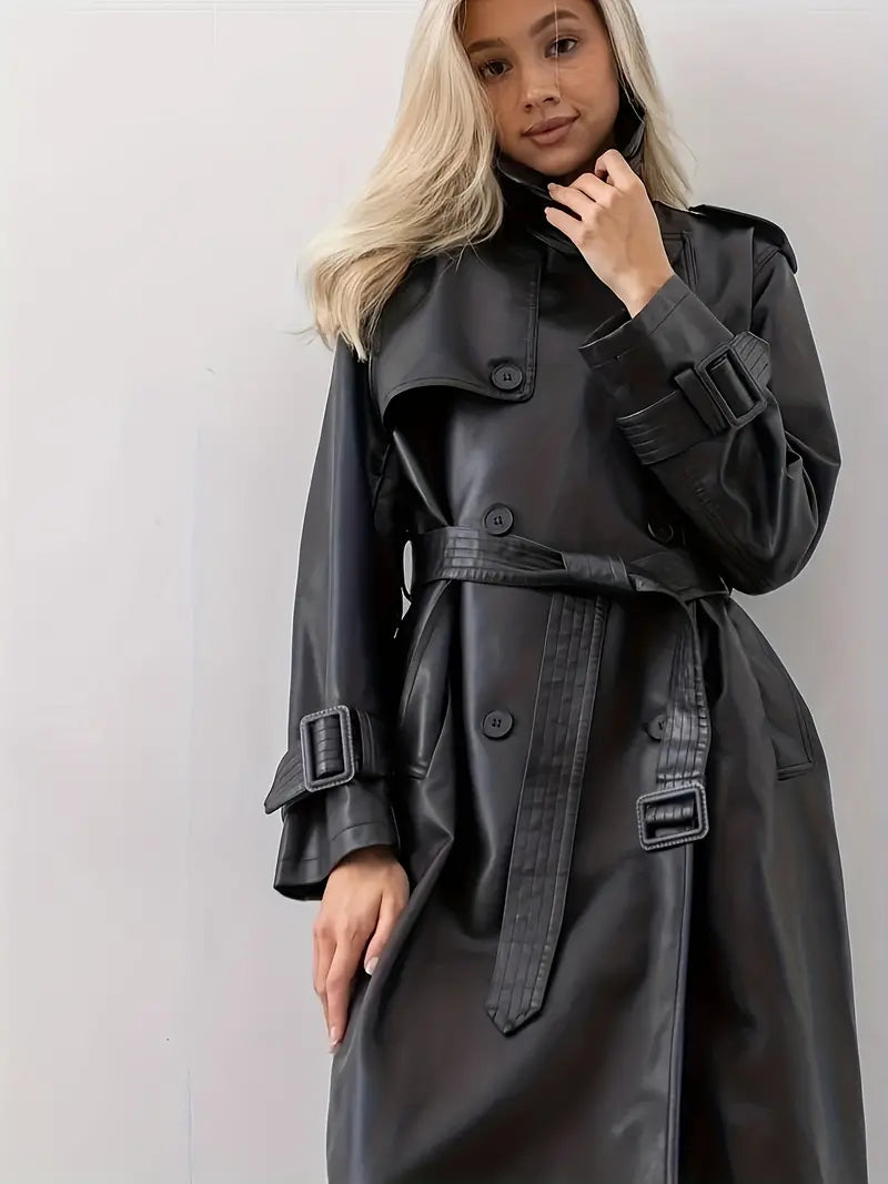 Drune | Leder Trenchcoat Damen - Langer Trenchcoat Schwarz