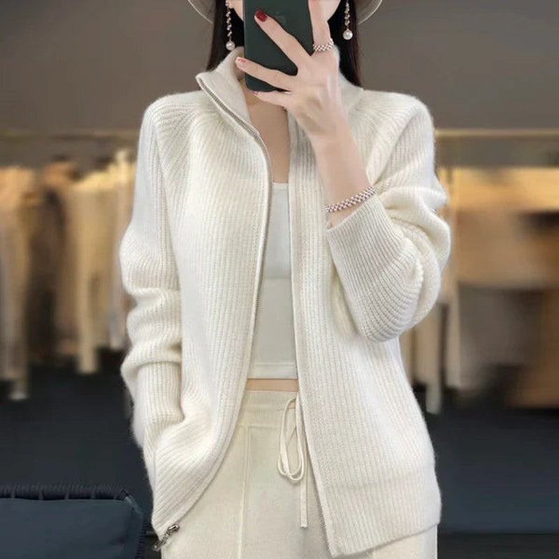 Drune | Damen Luxus Strickcardigan mit Reißverschluss und Stehkragen