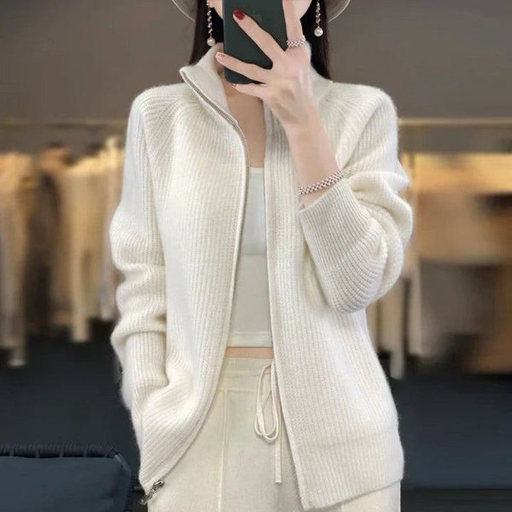 Drune | Damen Luxus Strickcardigan mit Reißverschluss und Stehkragen