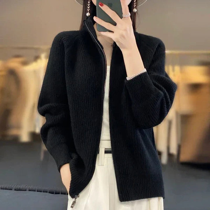Drune | Damen Luxus Strickcardigan mit Reißverschluss und Stehkragen