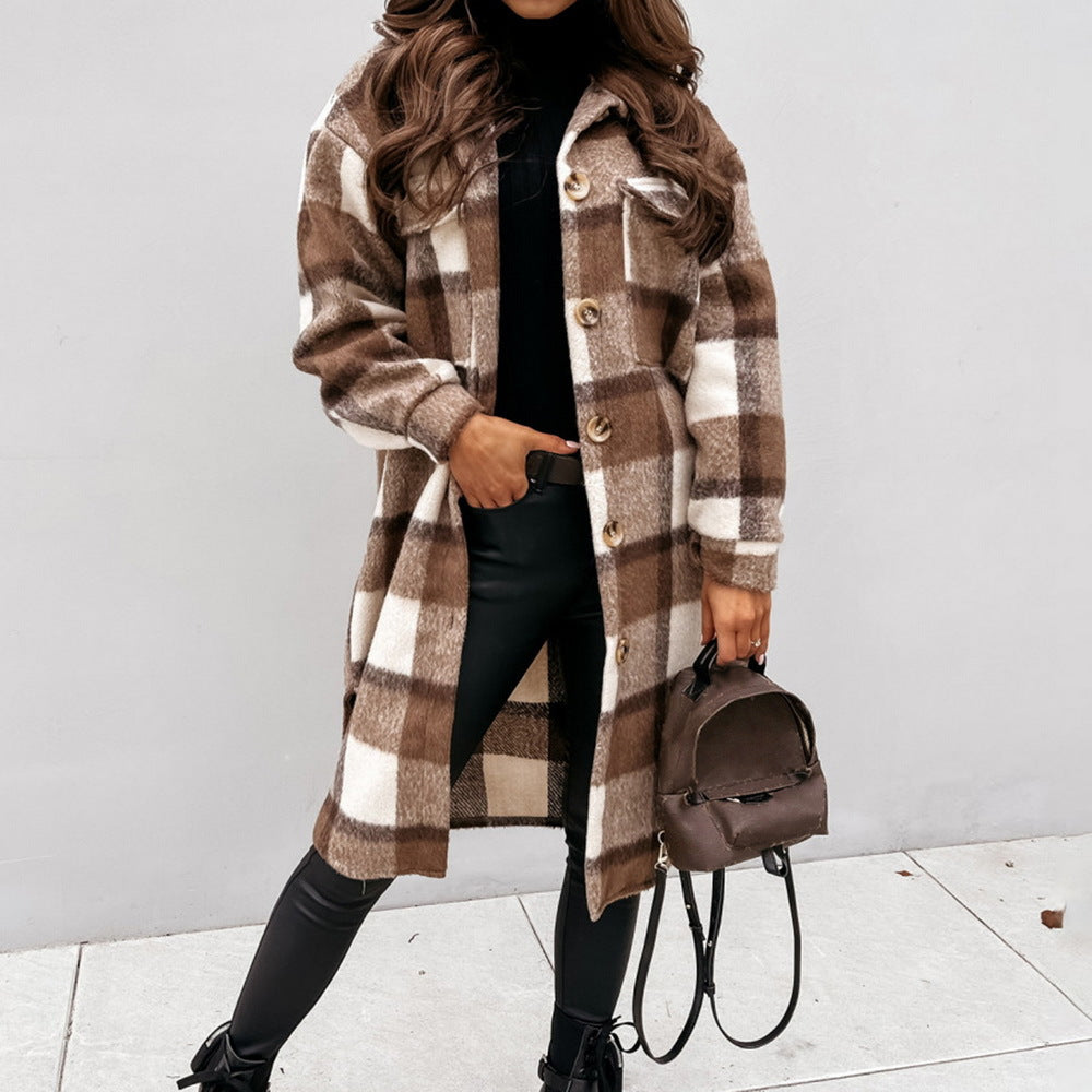 Drune | Damen Woll Winterjacke mit Karomuster und Knopfschluss