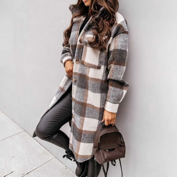 Drune | Damen Woll Winterjacke mit Karomuster und Knopfschluss