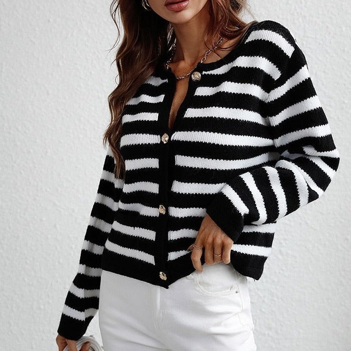 Drune | Damen Gestreifter Cardigan mit Knopfverschluss und Weichem Stoff