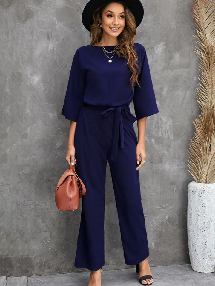 Drune | Jumpsuit Weite Beinform Taillengürtel Dreiviertelärmel Elegante Passform