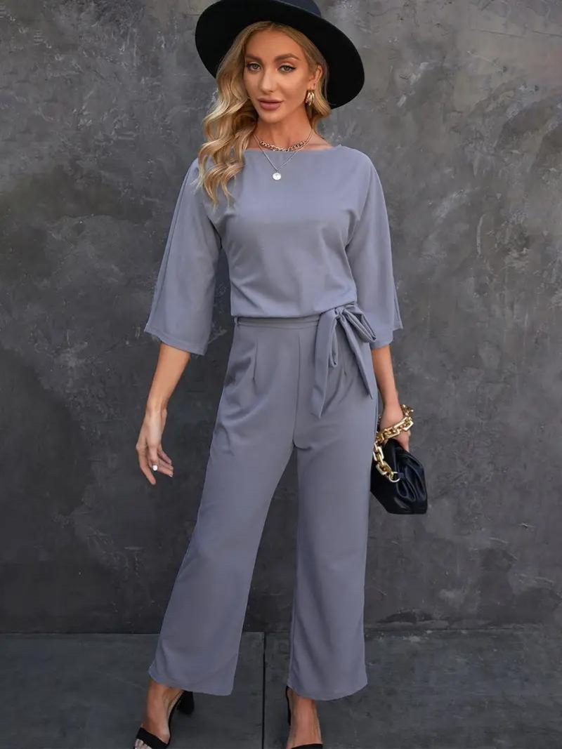 Drune | Jumpsuit Weite Beinform Taillengürtel Dreiviertelärmel Elegante Passform