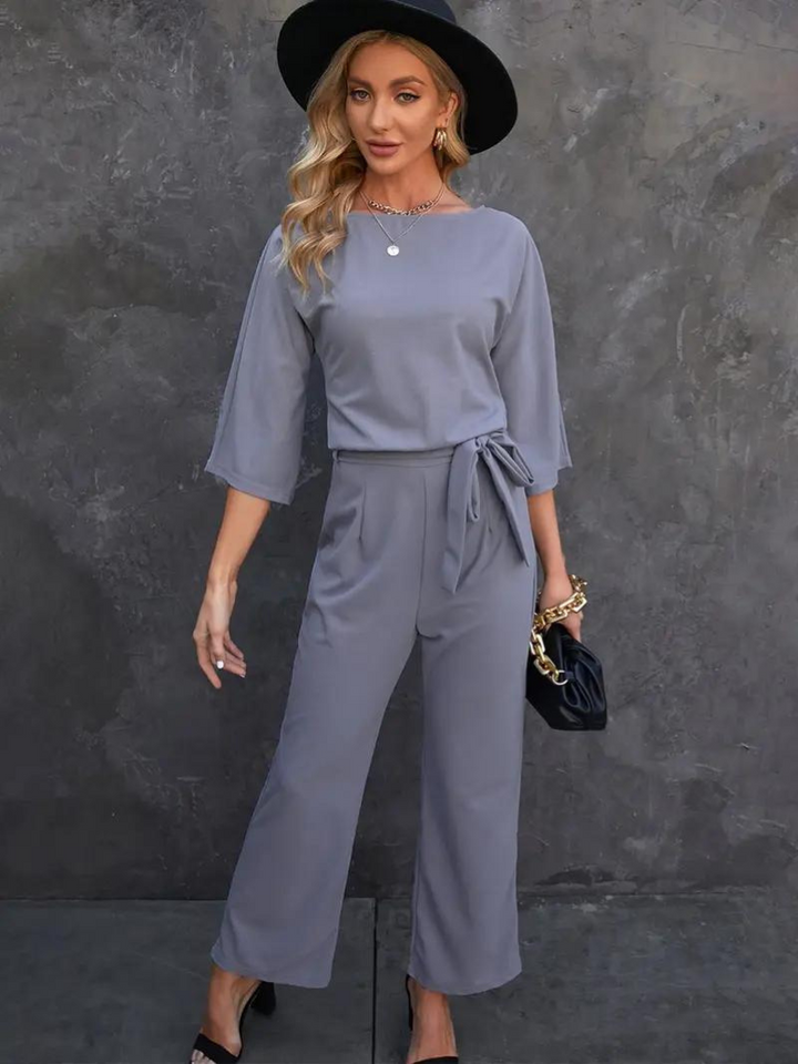 Drune | Jumpsuit Weite Beinform Taillengürtel Dreiviertelärmel Elegante Passform
