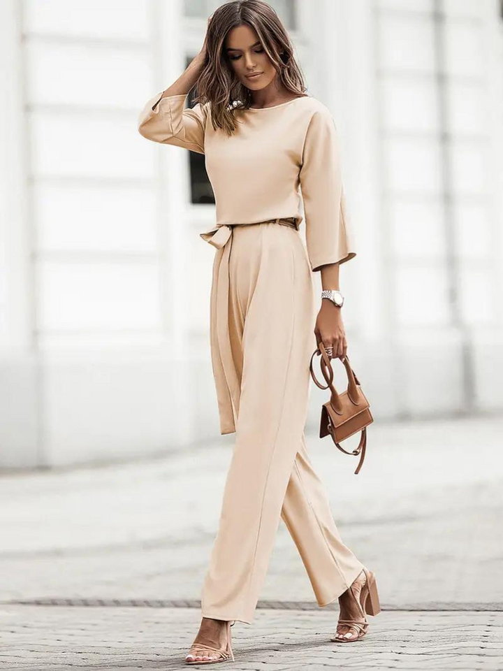 Drune | Jumpsuit Weite Beinform Taillengürtel Dreiviertelärmel Elegante Passform