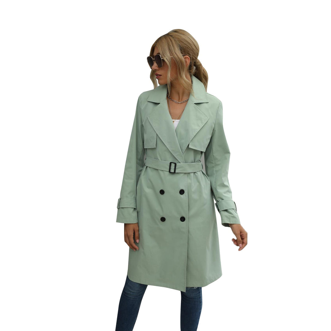 Drune | Damen Midi Trenchcoat Jacke einfarbig mit zweireihigem Knopfsystem