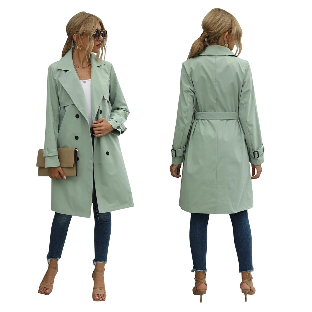 Drune | Damen Midi Trenchcoat Jacke einfarbig mit zweireihigem Knopfsystem