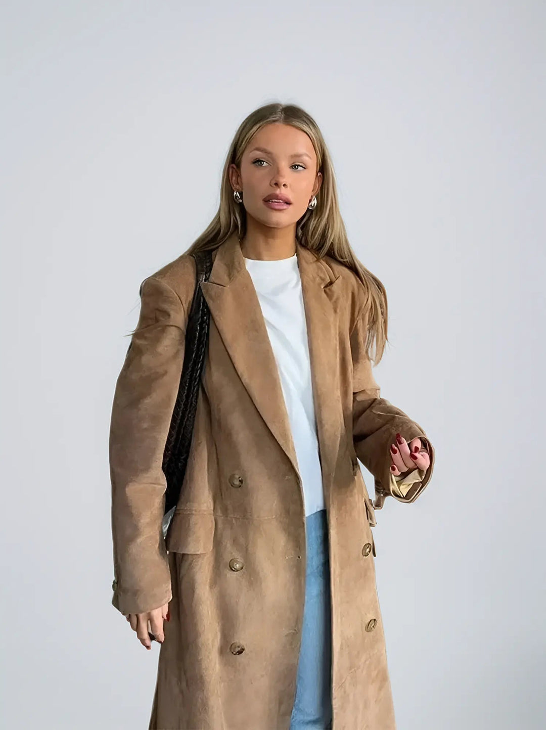 Drune | Damen Wildleder Trenchcoat mit Klassischem Revers und Doppelt Knopfverschluss