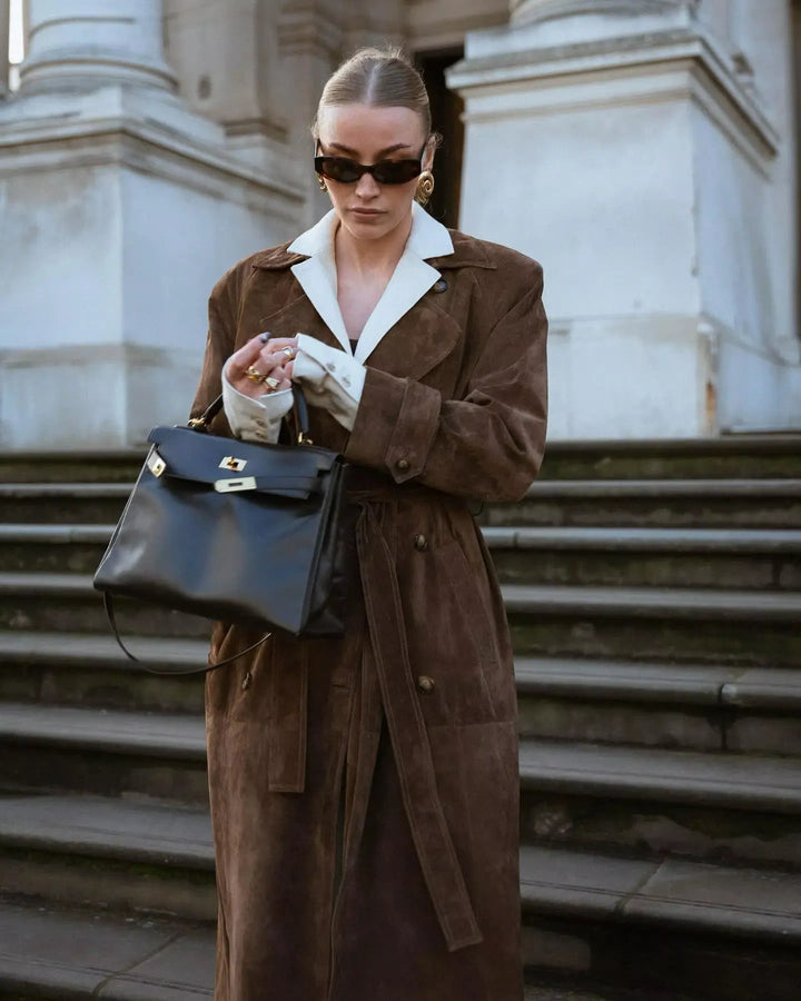 Drune | Damen Wildleder Trenchcoat mit Taillengürtel und Doppelter Knopfleiste