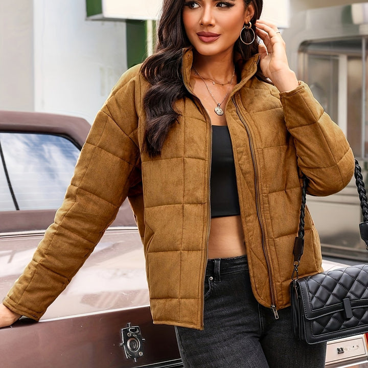Drune | Damen Kurze Gepolsterte Pufferjacke mit Karomuster und Winddichter Stoff