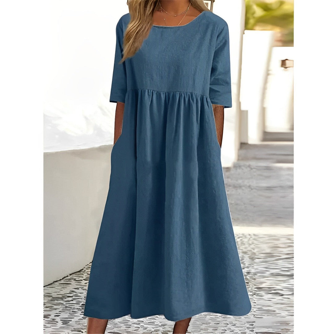 Drune | Atmungsaktives Baumwoll-Leinen Vintage Midi-Kleid mit Falten-Design