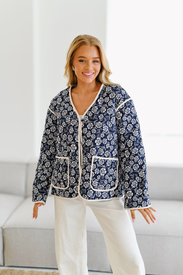 Drune | Bedruckte Steppjacke - Marine/Creme