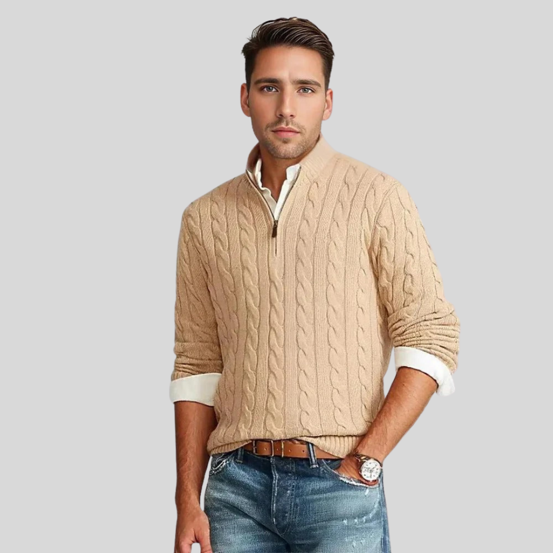 Drune | Herren Kabelstrick-Pullover mit Reißverschluss