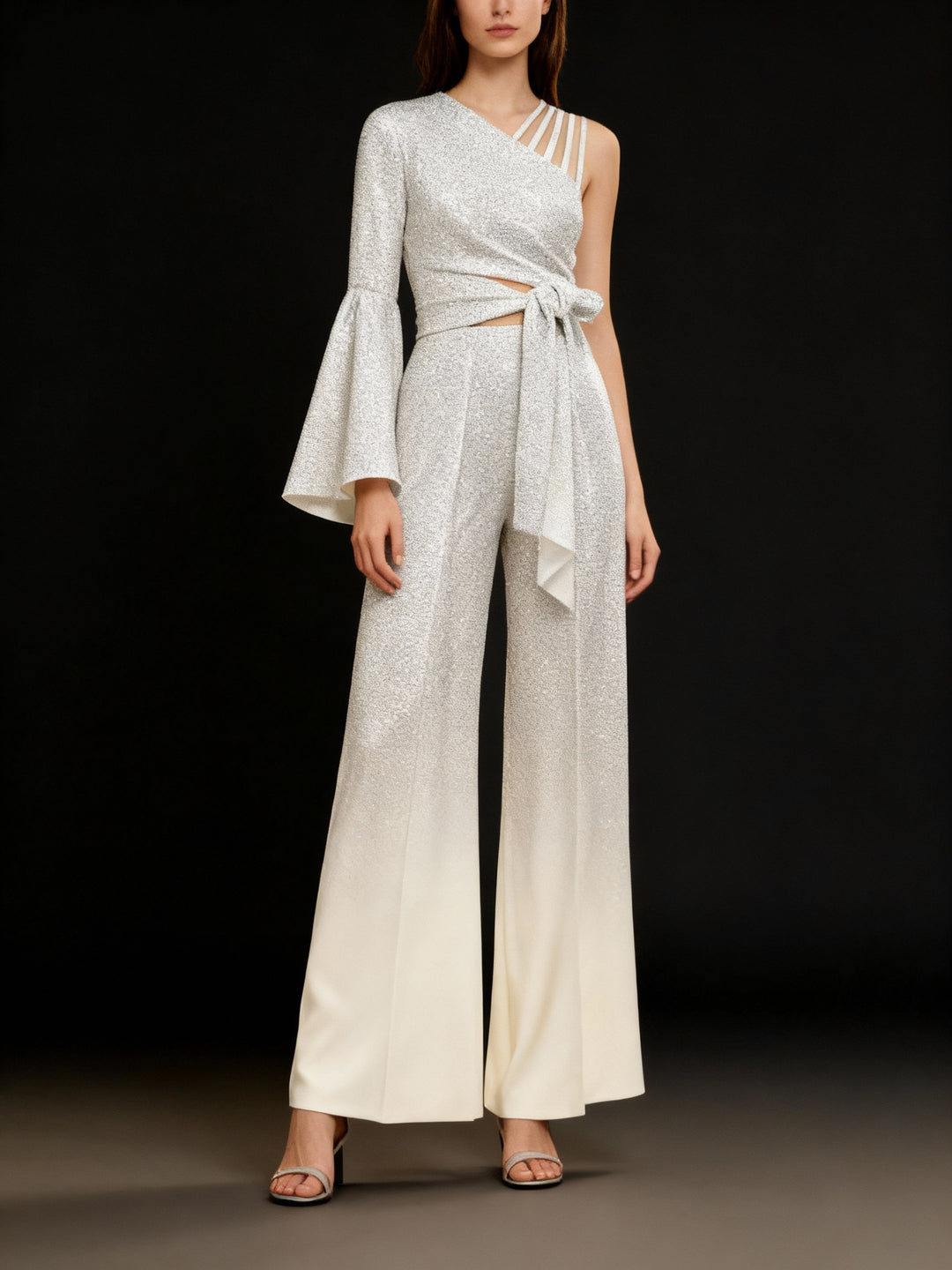 Damen Hosenanzug Glitzer-Besatz Zweiteiler One-Shoulder Weites Bein