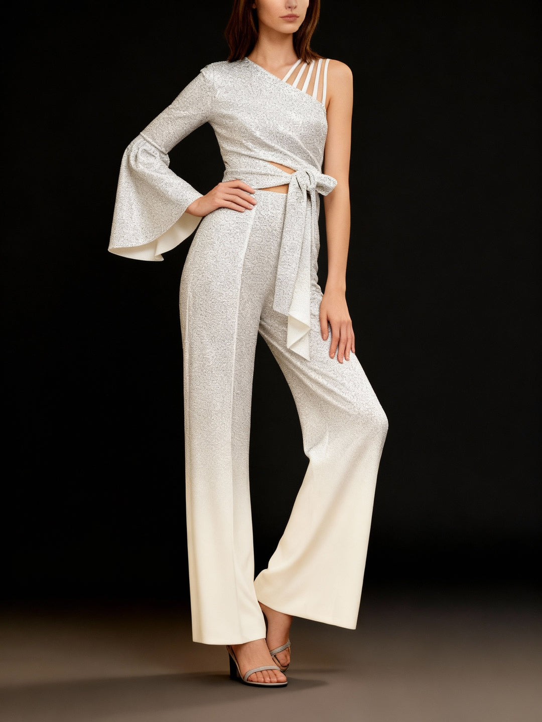 Damen Hosenanzug Glitzer-Besatz Zweiteiler One-Shoulder Weites Bein