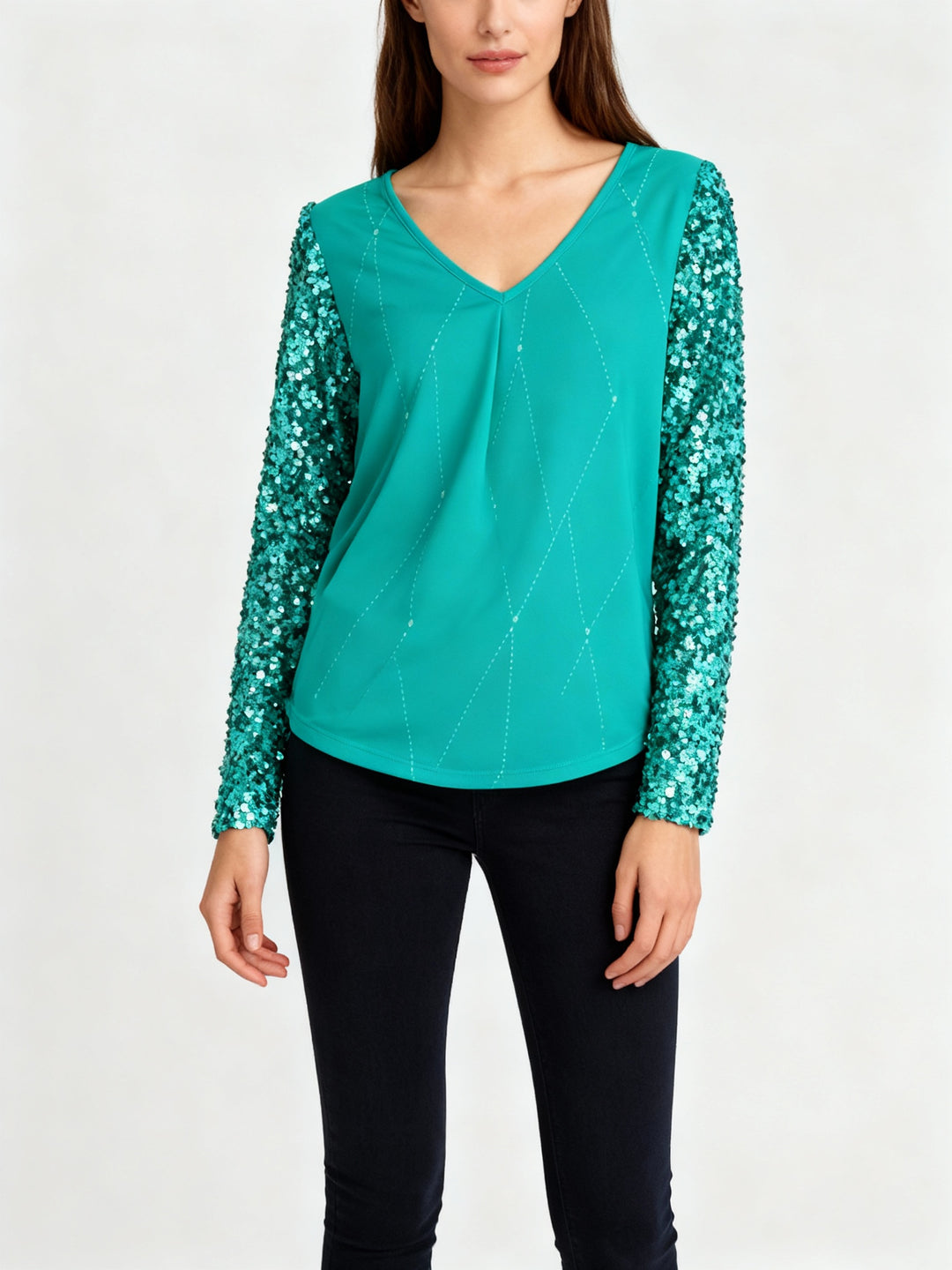 Damen Bluse V-Ausschnitt Paillettenärmel Rautenmuster