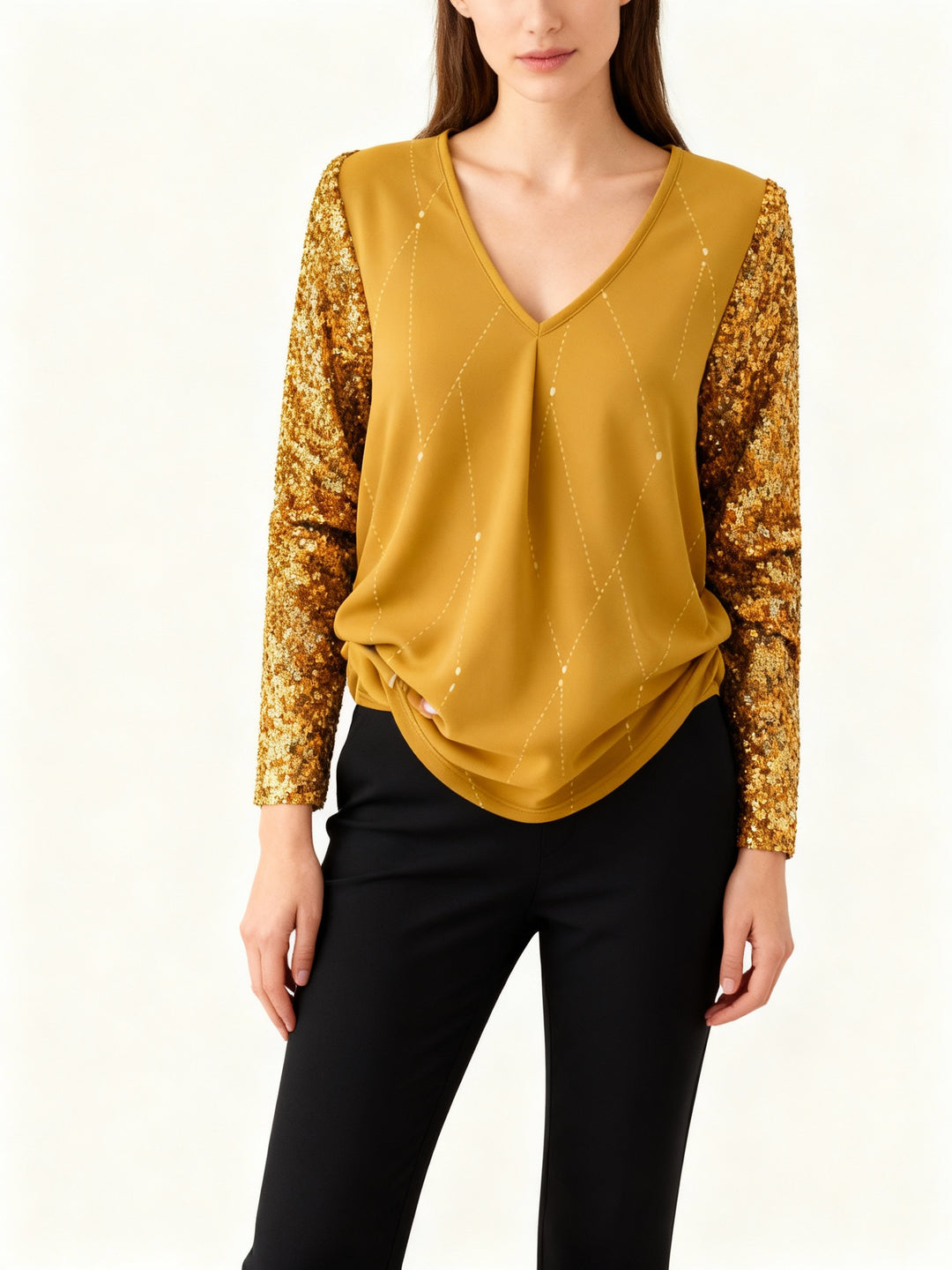 Damen Bluse V-Ausschnitt Paillettenärmel Rautenmuster