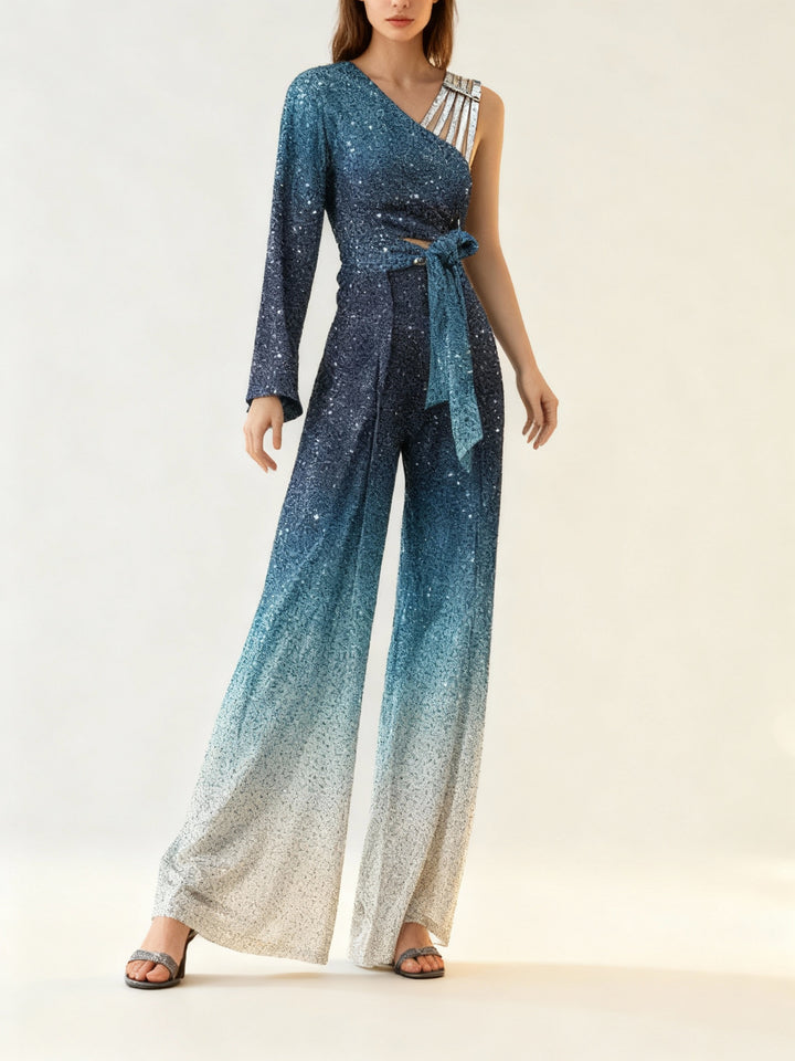 Damen Hosenanzug Glitzer-Besatz Zweiteiler One-Shoulder Weites Bein