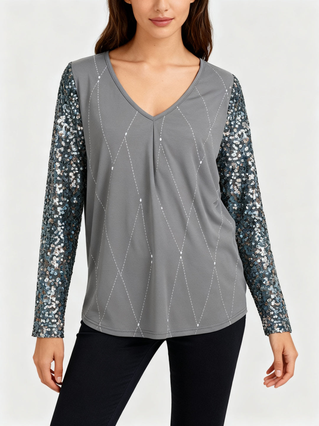 Damen Bluse V-Ausschnitt Paillettenärmel Rautenmuster