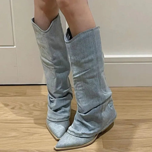 Drune | Blau Denim Oberschenkel hohe Stiefel