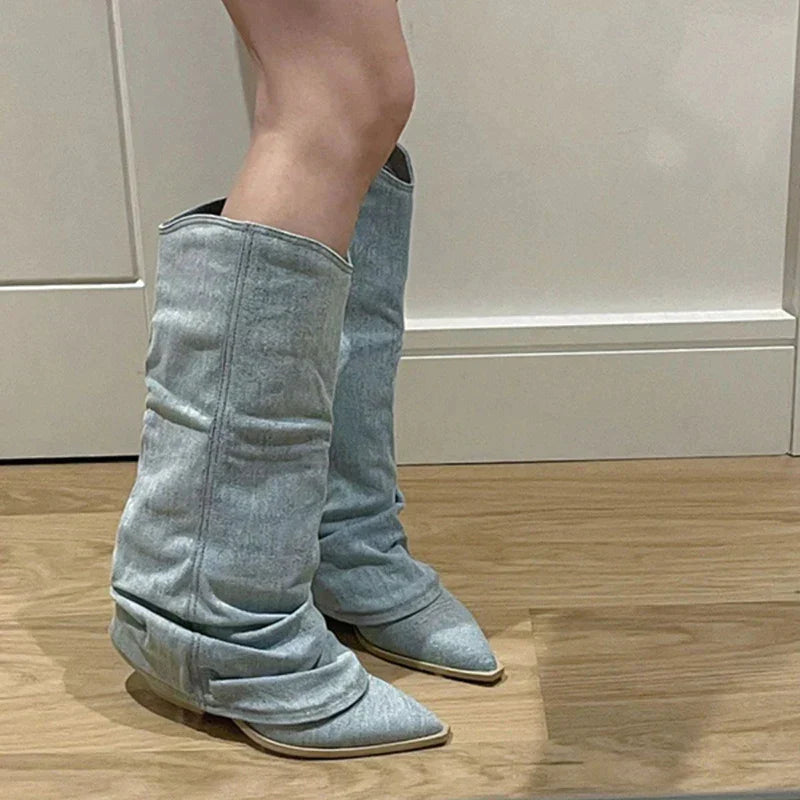 Drune | Blau Denim Oberschenkel hohe Stiefel