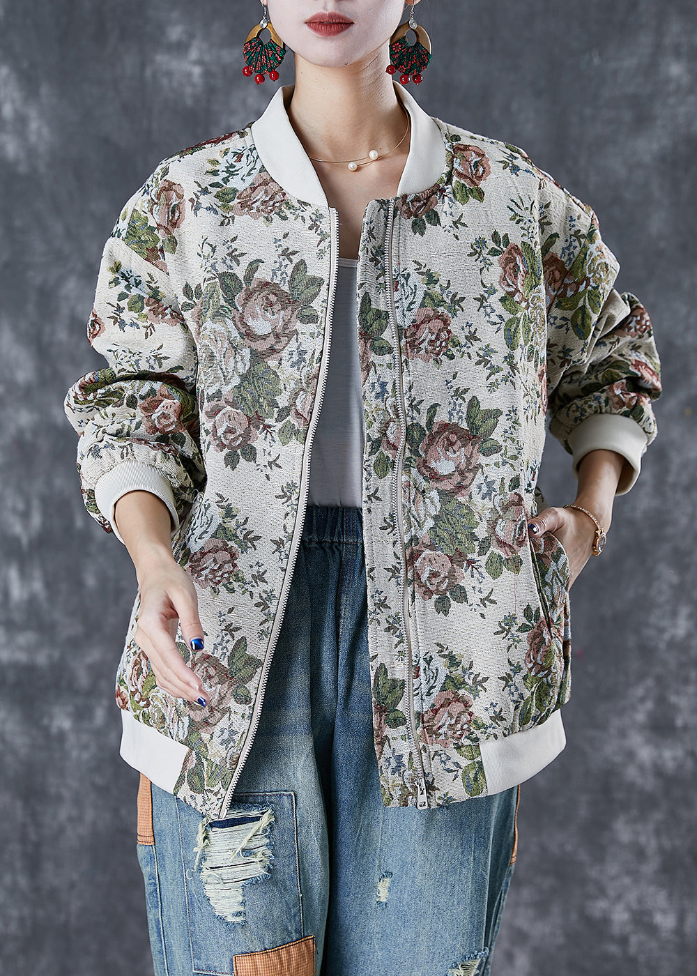 Drune | Beiger Oversized Print Baumwolljacken