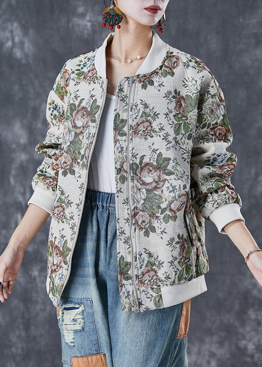 Drune | Beiger Oversized Print Baumwolljacken