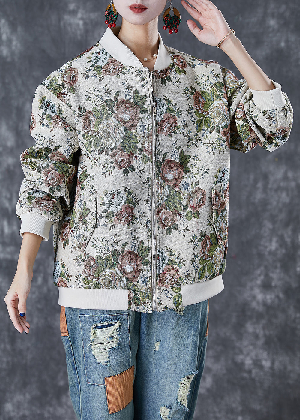 Drune | Beiger Oversized Print Baumwolljacken