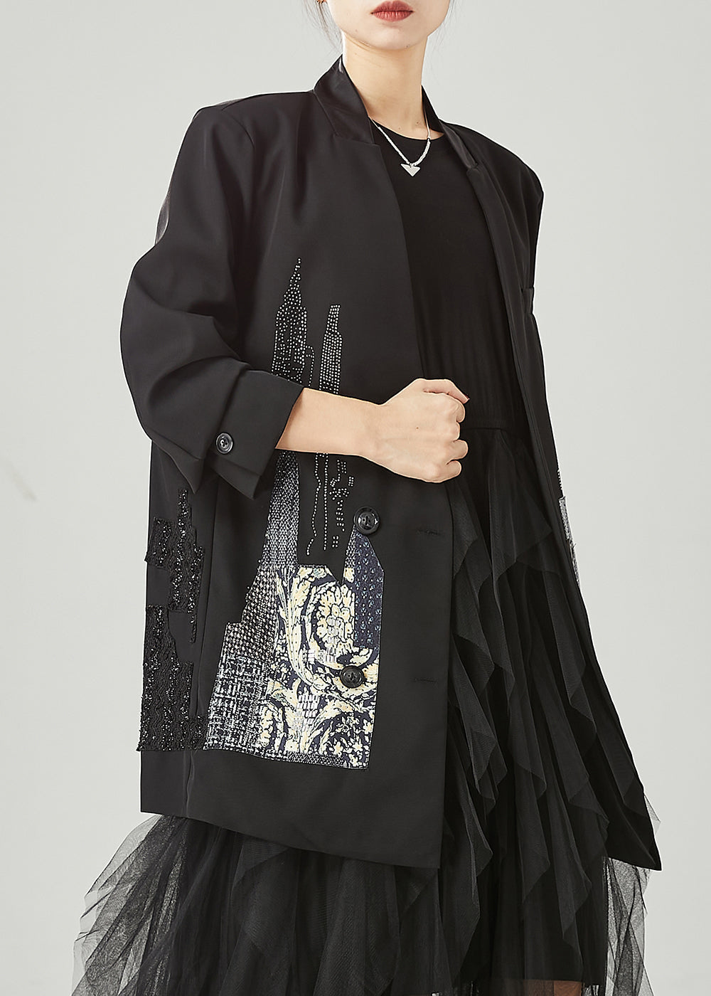 Drune | Schwarze originale Design-Patchwork-Spandex-Mäntel