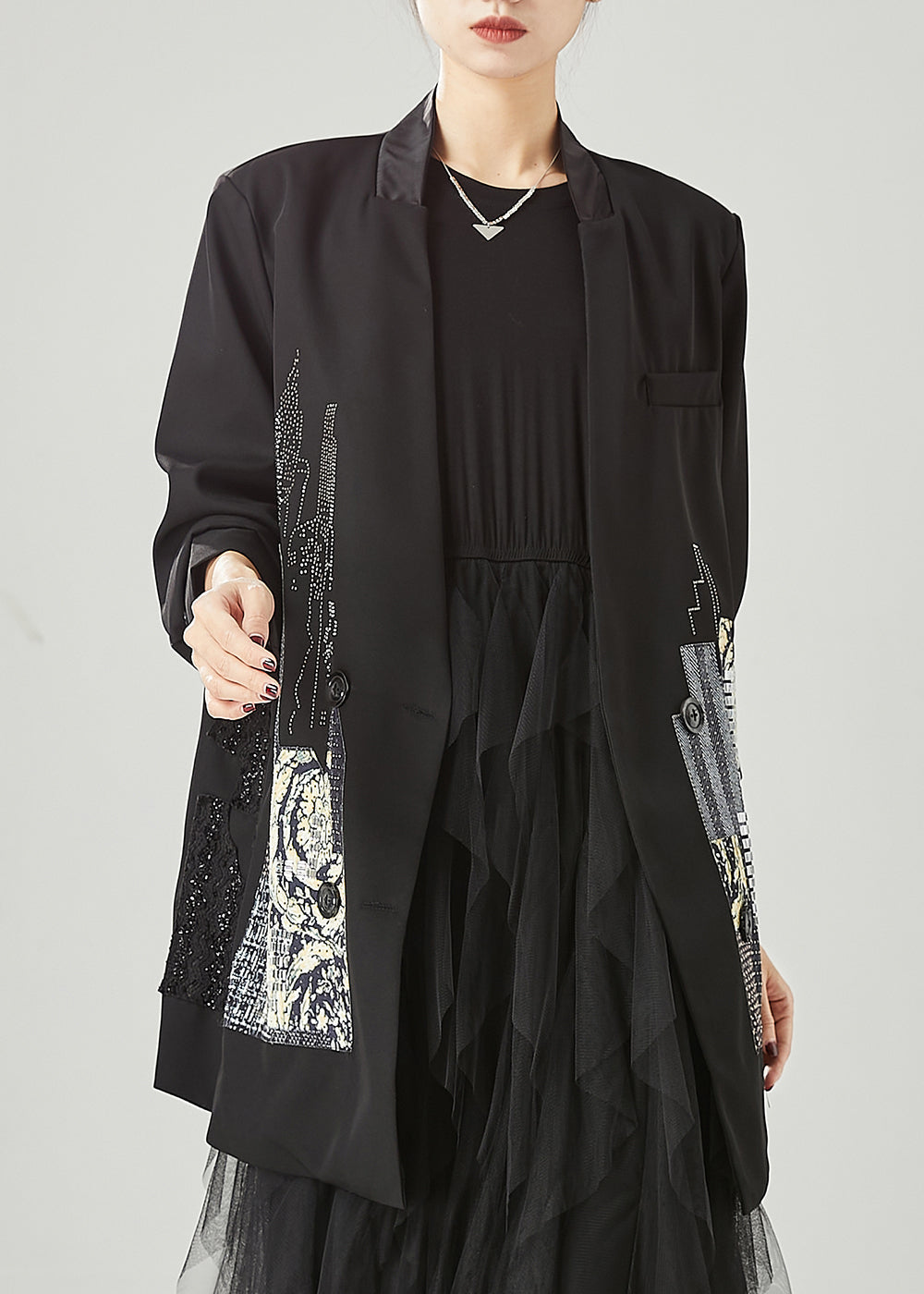 Drune | Schwarze originale Design-Patchwork-Spandex-Mäntel