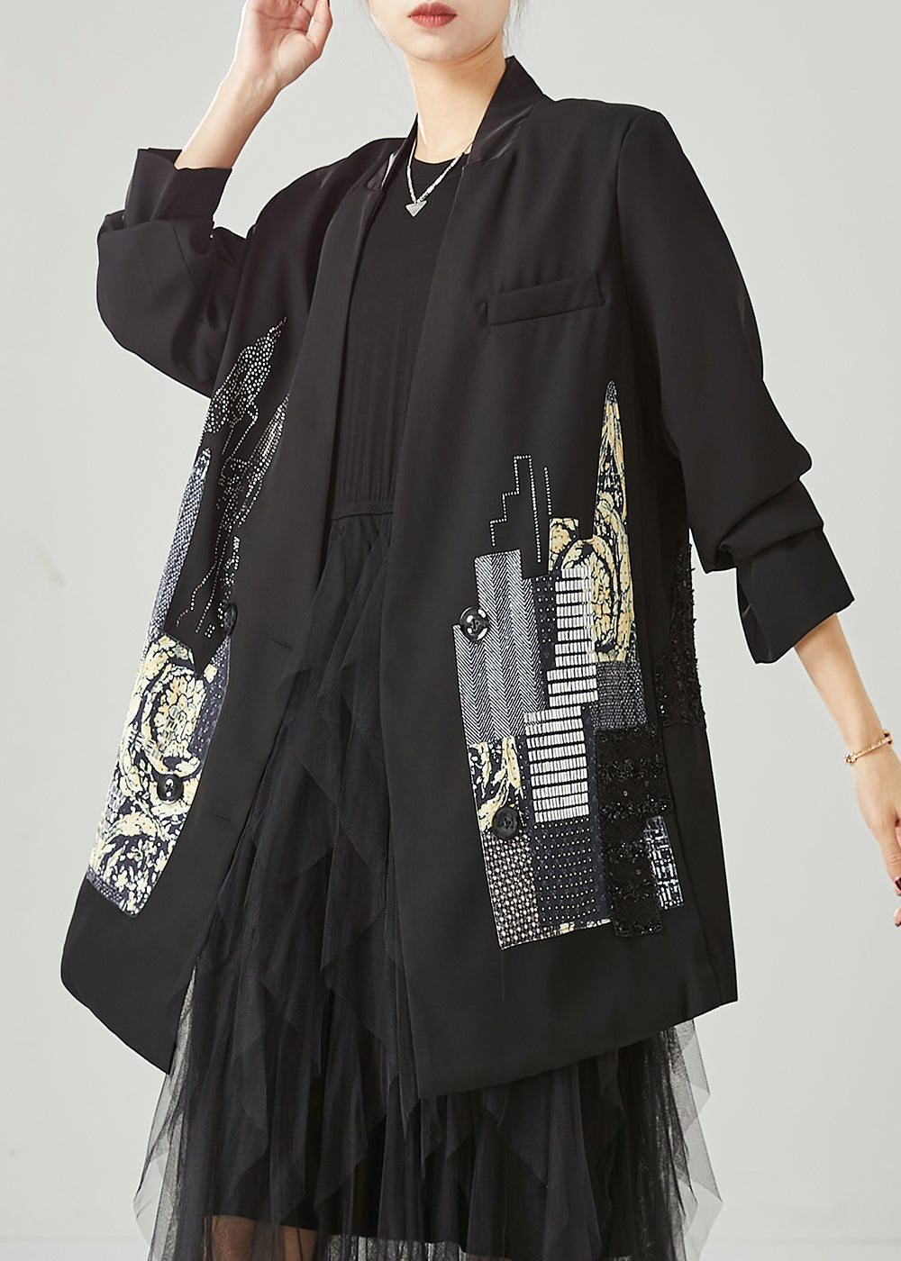 Drune | Schwarze originale Design-Patchwork-Spandex-Mäntel
