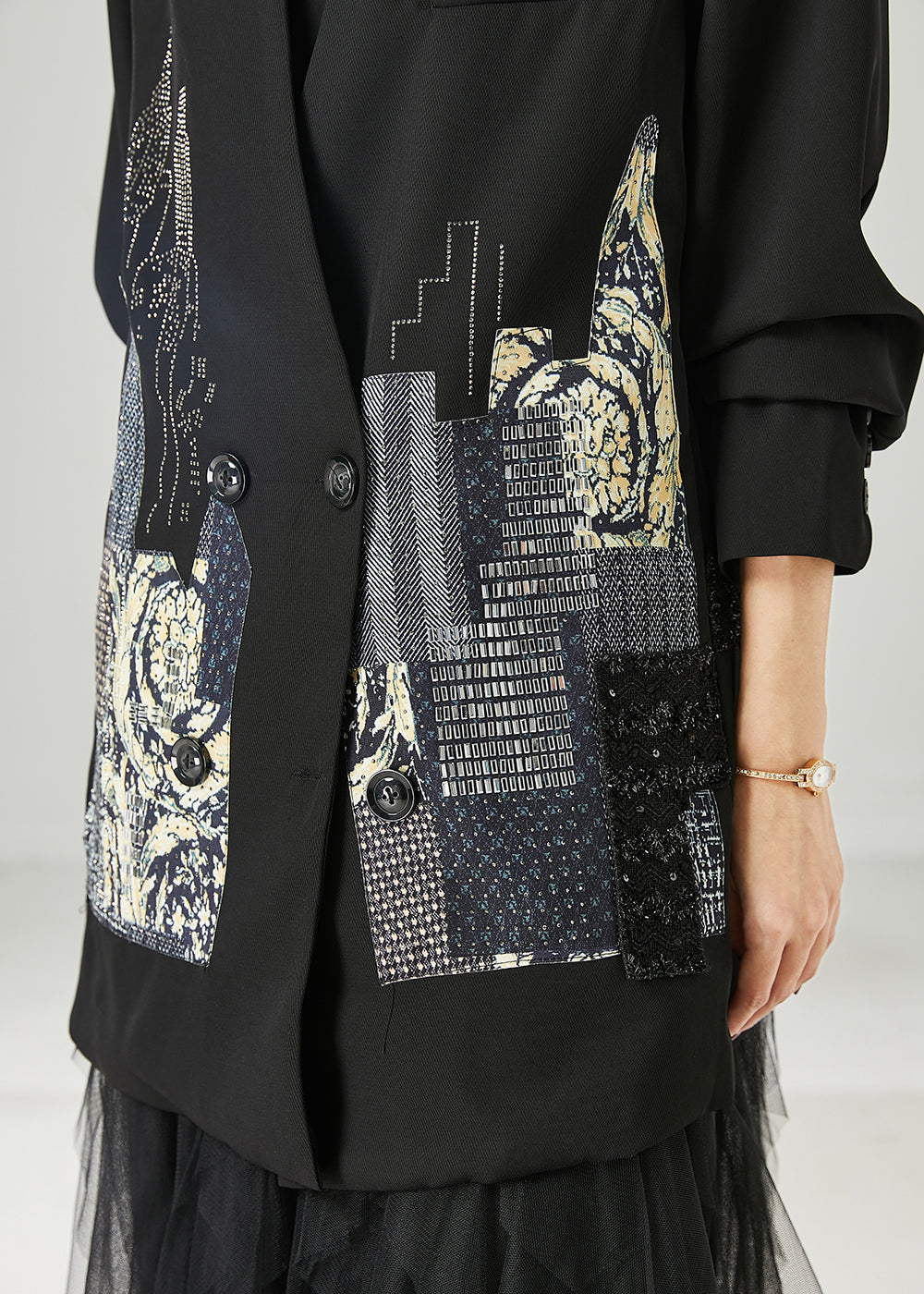 Drune | Schwarze originale Design-Patchwork-Spandex-Mäntel