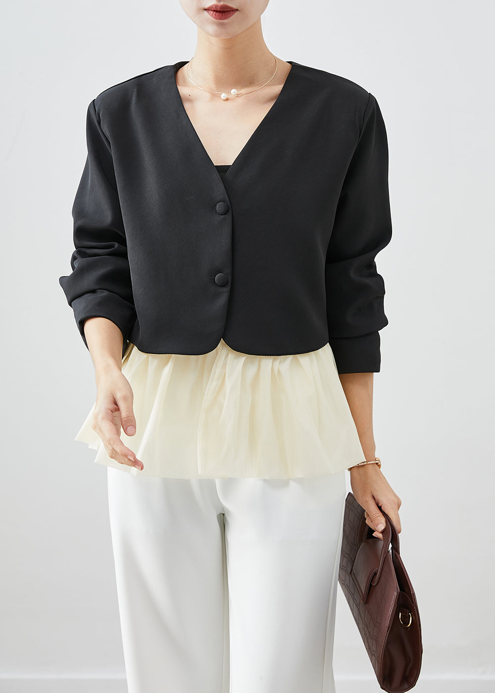 Drune | Schwarze V-Ausschnitt Patchwork Spandex Mäntel