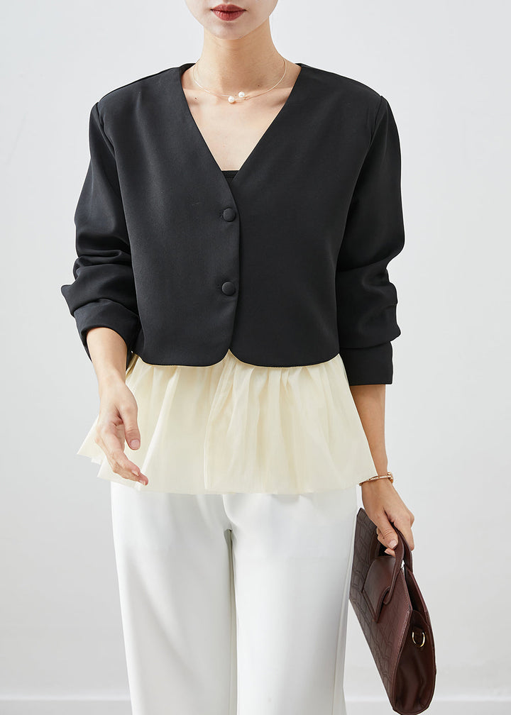 Drune | Schwarze V-Ausschnitt Patchwork Spandex Mäntel